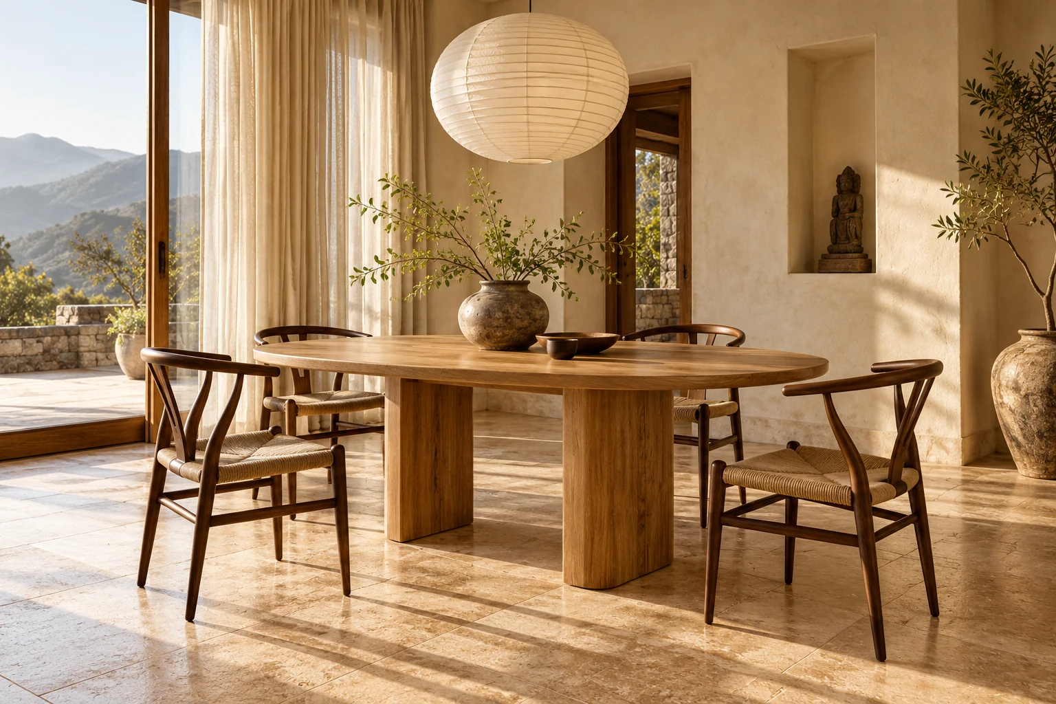 Oak dining table and sculptural chairs in a sunlit dining room